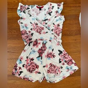 Kiss Floral V-Neck Top with Pink and Blue Accents